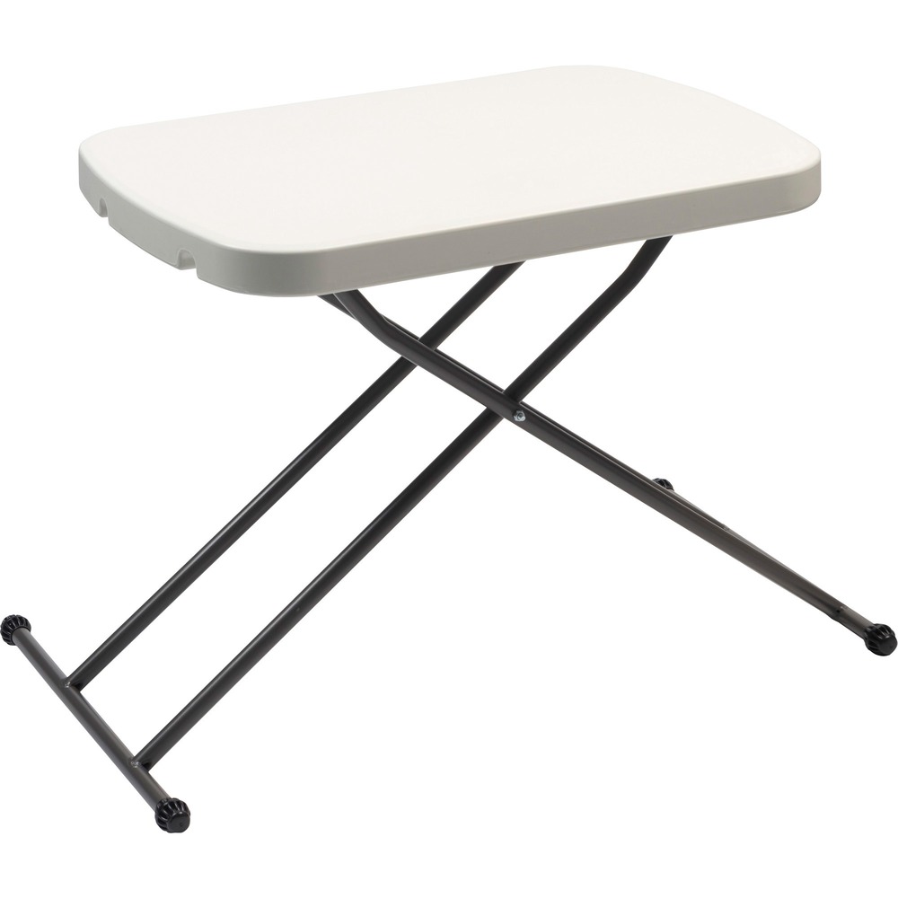 NSN7026957 - Commercial-grade, Blow-Molded Adjustable-Height Folding Table is easy to carry for indoor and outdoor use. Charcoal top is made of high-density polyethylene with contemporary, beveled radius edge. Table weighs 30 percent less than standard, wood laminate folding tables, but is far more durable with heavy-gauge, gray powder-coated steel legs, nonmar plastic feet and cross-bracing that folds into the underside cavity for safe storage and easy transport. Table cleans easily. It resists dents, scratches, rust, stains and warping. It is made with approximately 35 percent pre-consumer recycled content and all parts recyclable at end of life. TAA-compliant and Berry Amendment-compliant table meets BIFMA standards. It holds up to 25 lb. evenly distributed weight.