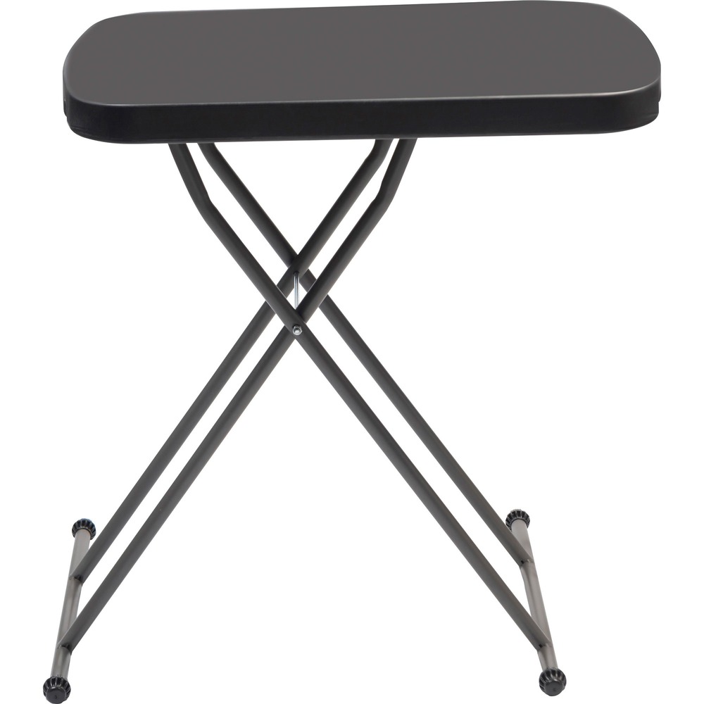 NSN7026956 - Commercial-grade, Blow-Molded Adjustable-Height Folding Table is easy to carry for indoor and outdoor use. Charcoal top is made of high-density polyethylene with contemporary, beveled radius edge. Table weighs 30 percent less than standard, wood laminate folding tables, but is far more durable with heavy-gauge, gray powder-coated steel legs, nonmar plastic feet and cross-bracing that folds into the underside cavity for safe storage and easy transport. Table cleans easily. It resists dents, scratches, rust, stains and warping. It is made with approximately 35 percent pre-consumer recycled content and all parts recyclable at end of life. TAA-compliant and Berry Amendment-compliant table meets BIFMA standards. It holds up to 25 lb. evenly distributed weight.