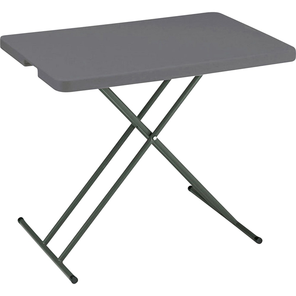 NSN7026954 - Commercial-grade, Blow-Molded Adjustable-Height Folding Table is easy to carry for indoor and outdoor use. Charcoal top is made of high-density polyethylene with contemporary, beveled radius edge. Table weighs 30 percent less than standard, wood laminate folding tables, but is far more durable with heavy-gauge, gray powder-coated steel legs, nonmar plastic feet and cross-bracing that folds into the underside cavity for safe storage and easy transport. Table cleans easily. It resists dents, scratches, rust, stains and warping. It is made with approximately 35 percent pre-consumer recycled content and all parts recyclable at end of life. TAA-compliant and Berry Amendment-compliant table meets BIFMA standards. It holds up to 25 lb. evenly distributed weight.