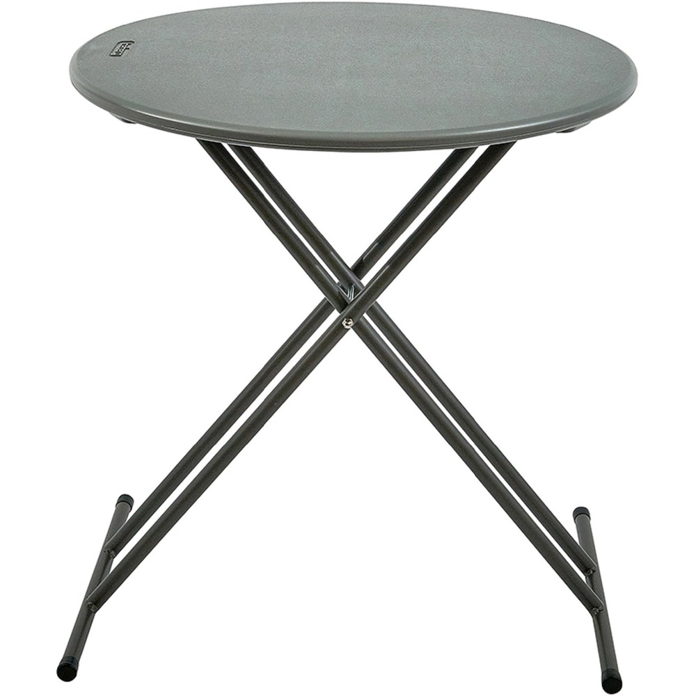 NSN7026953 - Commercial-grade, Blow-Molded Personal Adjustable-Height Folding Table is easy to carry for indoor and outdoor use. Charcoal top is made of high-density polyethylene with contemporary, beveled radius edge. Table weighs 30 percent less than standard, wood laminate folding tables, but is far more durable with heavy-gauge, gray powder-coated steel legs, nonmar plastic feet and cross-bracing that folds into the underside cavity for safe storage and easy transport. Table cleans easily. It resists dents, scratches, rust, stains and warping. It is made with approximately 35 percent pre-consumer recycled content and all parts recyclable at end of life. TAA-compliant and Berry Amendment-compliant table meets BIFMA standards. It holds up to 25 lb. evenly distributed weight.