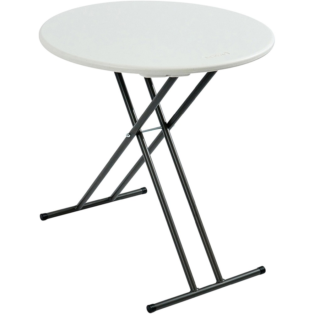 NSN7026955 - Commercial-grade, Blow-Molded Personal Adjustable-Height Folding Table is easy to carry for indoor and outdoor use. Charcoal top is made of high-density polyethylene with contemporary, beveled radius edge. Table weighs 30 percent less than standard, wood laminate folding tables, but is far more durable with heavy-gauge, gray powder-coated steel legs, nonmar plastic feet and cross-bracing that folds into the underside cavity for safe storage and easy transport. Table cleans easily. It resists dents, scratches, rust, stains and warping. It is made with approximately 35 percent pre-consumer recycled content and all parts recyclable at end of life. TAA-compliant and Berry Amendment-compliant table meets BIFMA standards. It holds up to 25 lb. evenly distributed weight.
