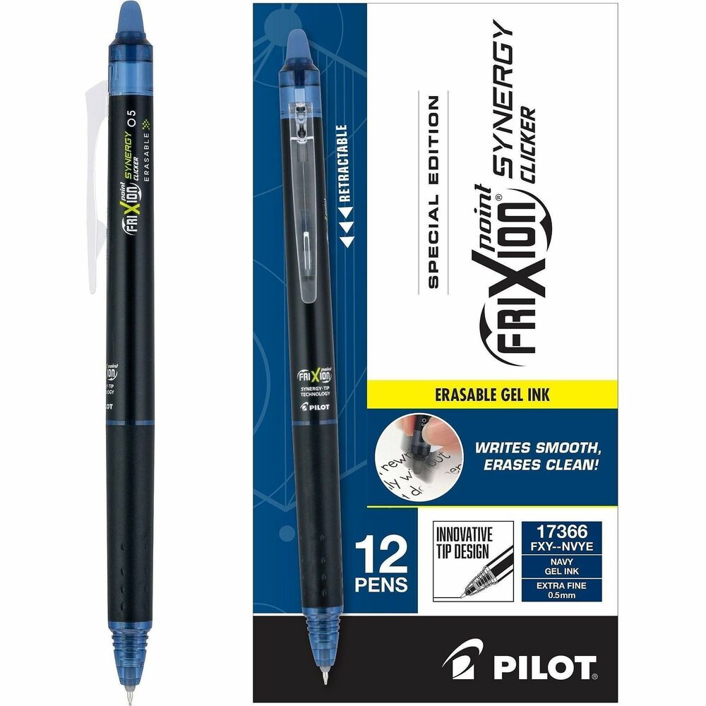 PIL17366 - FriXion Point Synergy Clicker Erasable Gel Pens feature an innovative, patented, Synergy Tip design for detail, durability and incredibly smooth writing. Gel ink erases clean so you can write, erase and rewrite repeatedly without damaging documents. Unique, thermosensitive gel formula delivers bold, vibrant color that disappears completely with erasing friction. Extra-fine tip is perfect for precision writing. Press the clip down to retract the pen.