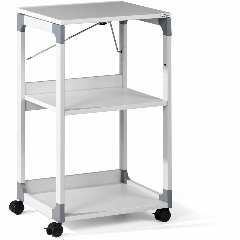 DBL370110 - Mobile Multimedia Trolley features an upper shelf with an adjustable tilt angle to hold projectors. Shelf can also fold out 180 degrees to hold an overhead projector. Versatile, adjustable middle shelf provides a range of heights with 1-1/4" increments to accommodate a variety of storage options. Robust, hard-wearing base shelf creates space to hold plenty of supplies. Flexible design with four casters and two brakes creates effortless mobility. Sturdy frame is made from scratch-proof steel with fiberglass-reinforced, plastic corners. More from the Manufacturer