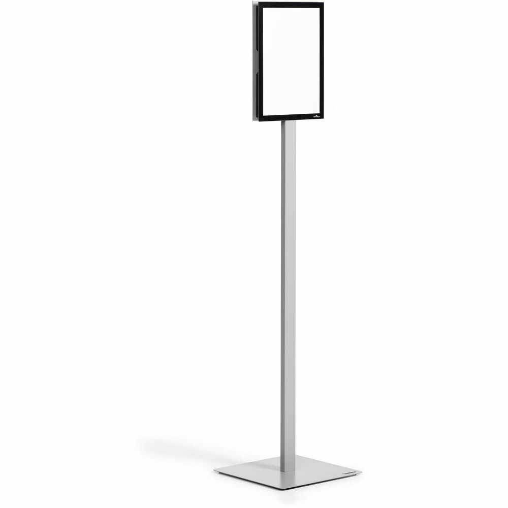 DBL501057 - Use this Info Stand Basic Floor Stand to showcase important information and guide customers and guests with its double-sided readability. Easily change your message or direction of the Duraframe using the magnetically adhering frames that are fixed to metal plates. High-quality profile and a weighted base with rubber buffers deliver high stability of this dependable sign. Innovative, plug-in mechanism allows easy reversal from portrait to landscape formats without tools. Information stand is ideal for reception areas, trade fairs, lobbies and waiting rooms. It is compatible with letter-size inserts. More from the Manufacturer