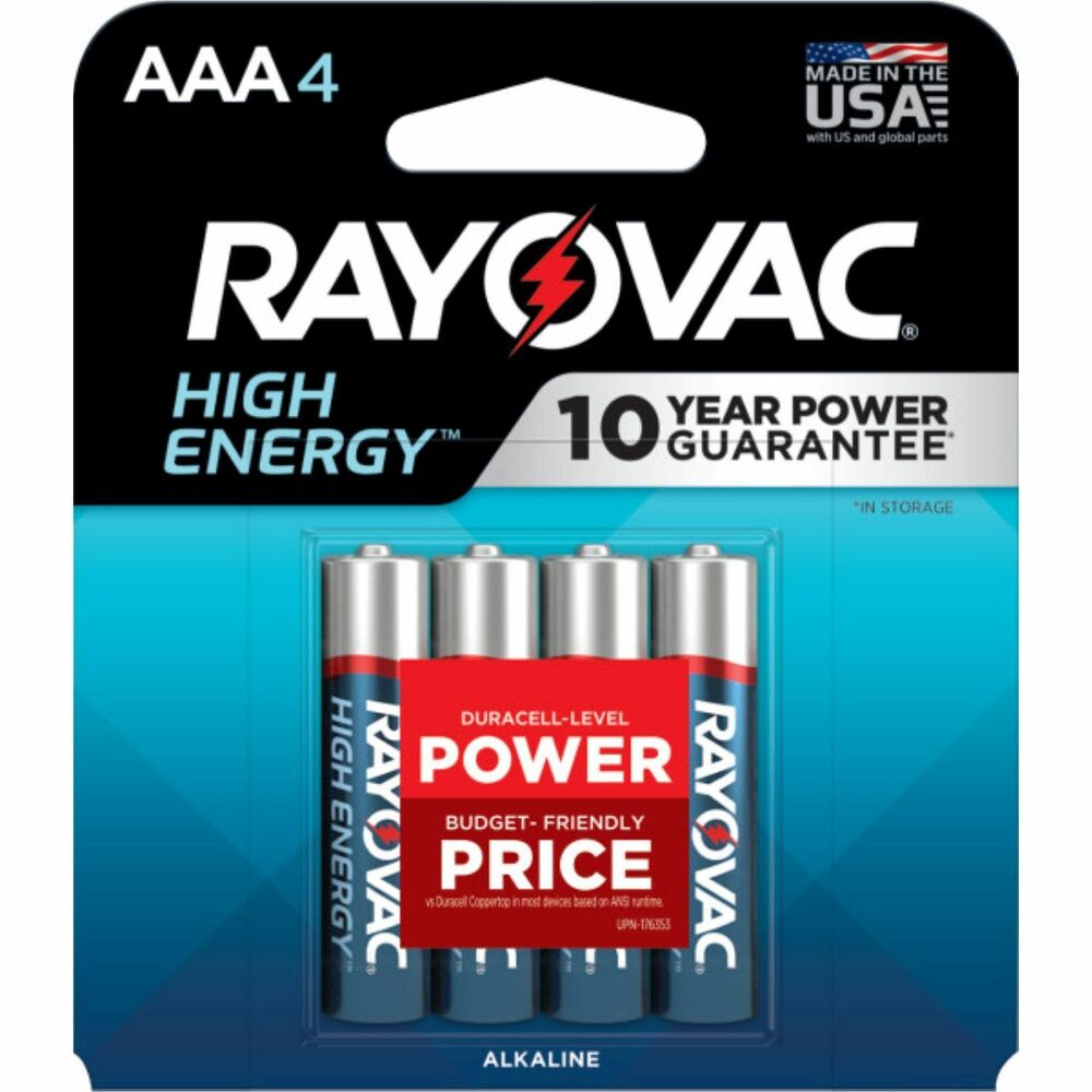 RAY8244T - Power your household with High-energy AAA Alkaline batteries. Engineered for long-lasting use, they are ideal for the high-use devices in your home, including flashlights, wireless mice and remotes. Rayovac rigorously tests its batteries to ensure they do what they say they'll do - plain and simple. These alkaline AAA batteries are backed by a 10-Year Power Guarantee to last up to 10 years in storage. Each one is made for dependable performance in the devices you use each day so you can count on Rayovac batteries.