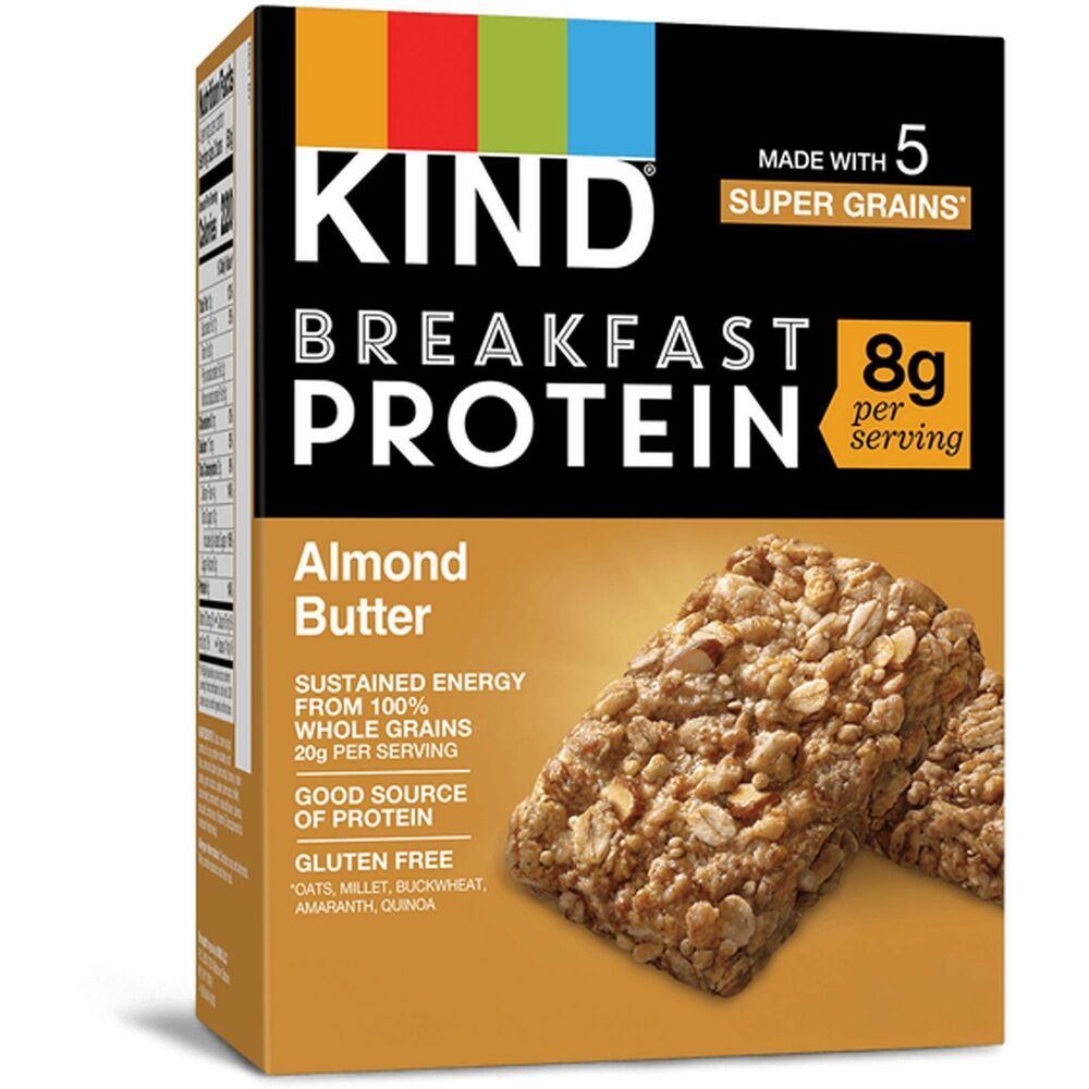 KND41935 - Enjoy sustained energy from the five Super Grains and 8 grams of protein in these Breakfast Protein bars made with real almond butter and honey. The five super-grain blend (20 grams) includes oats, millet, buckwheat, amaranth and quinoa. These all-natural, wholesome, gluten-free ingredients offer a good source of fiber with 100 percent whole grains. Each Kosher bar is gluten-free, NON-GMO, dairy-free and peanut-free. Each pouch contains two breakfast biscuits for snacking on-the-go.