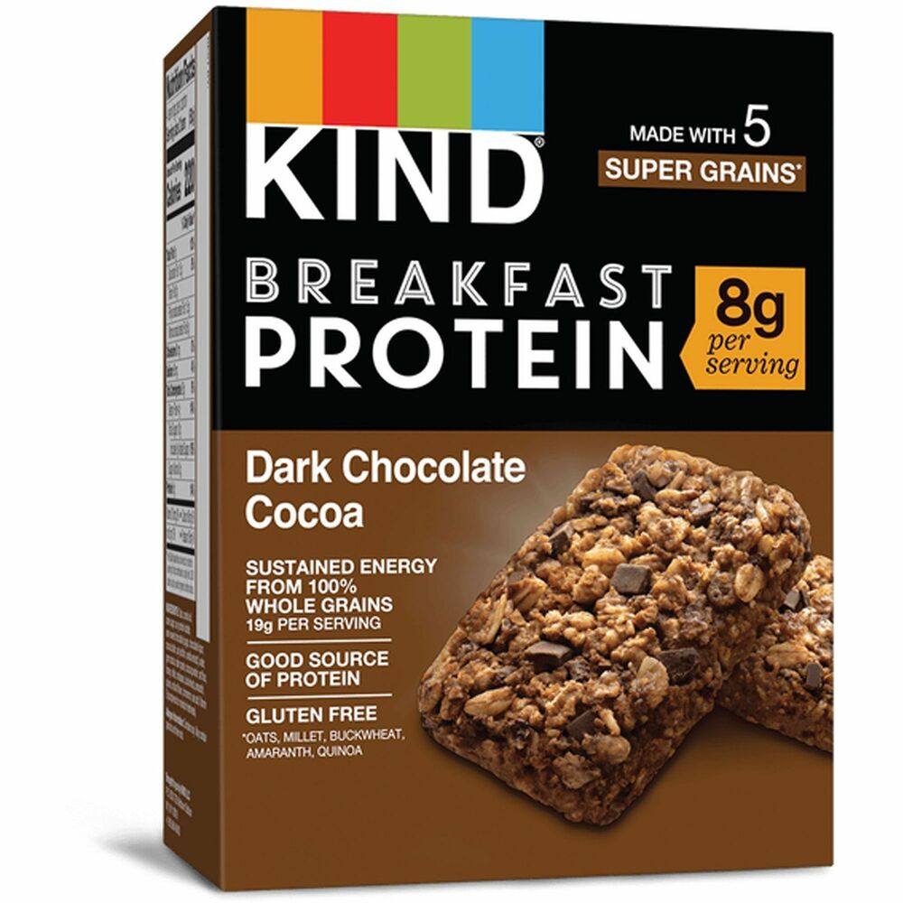 KND41936 - Enjoy sustained energy from the five Super Grains and 8 grams of protein in these Breakfast Protein bars. They are soft-baked with a crispy outside and are filled with a double dose of chocolate and a hint of cinnamon. The five super-grain blend (19 grams) includes oats, millet, buckwheat, amaranth and quinoa. These all-natural, wholesome, gluten-free ingredients offer a good source of fiber with 100 percent whole grains. Each Kosher bar is gluten-free, NON-GMO, dairy-free and peanut-free. Each pouch contains two breakfast biscuits for snacking on-the-go.