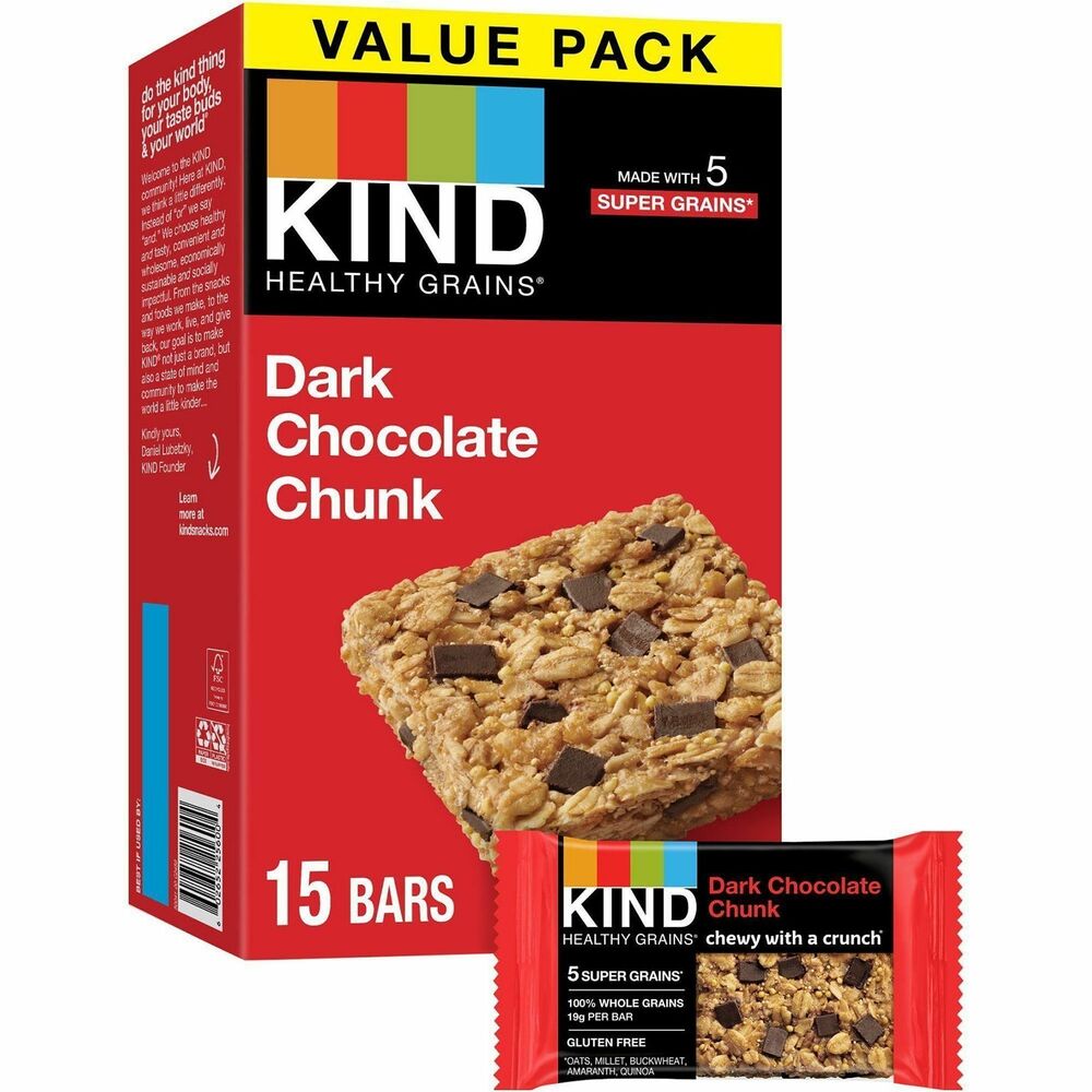 KND25283 - Healthy Grains bars have a foundation of five super grains including oats, buckwheat, millet, amaranth and quinoa. Each bar has 19 grams of 100 percent whole grains per serving, making it a nutrient-dense snack with a unique chewy and crunchy texture. Non-GMO ingredients are cholesterol-free. Individually wrapped snack is made with quality ingredients for a convenient option on-the-go.