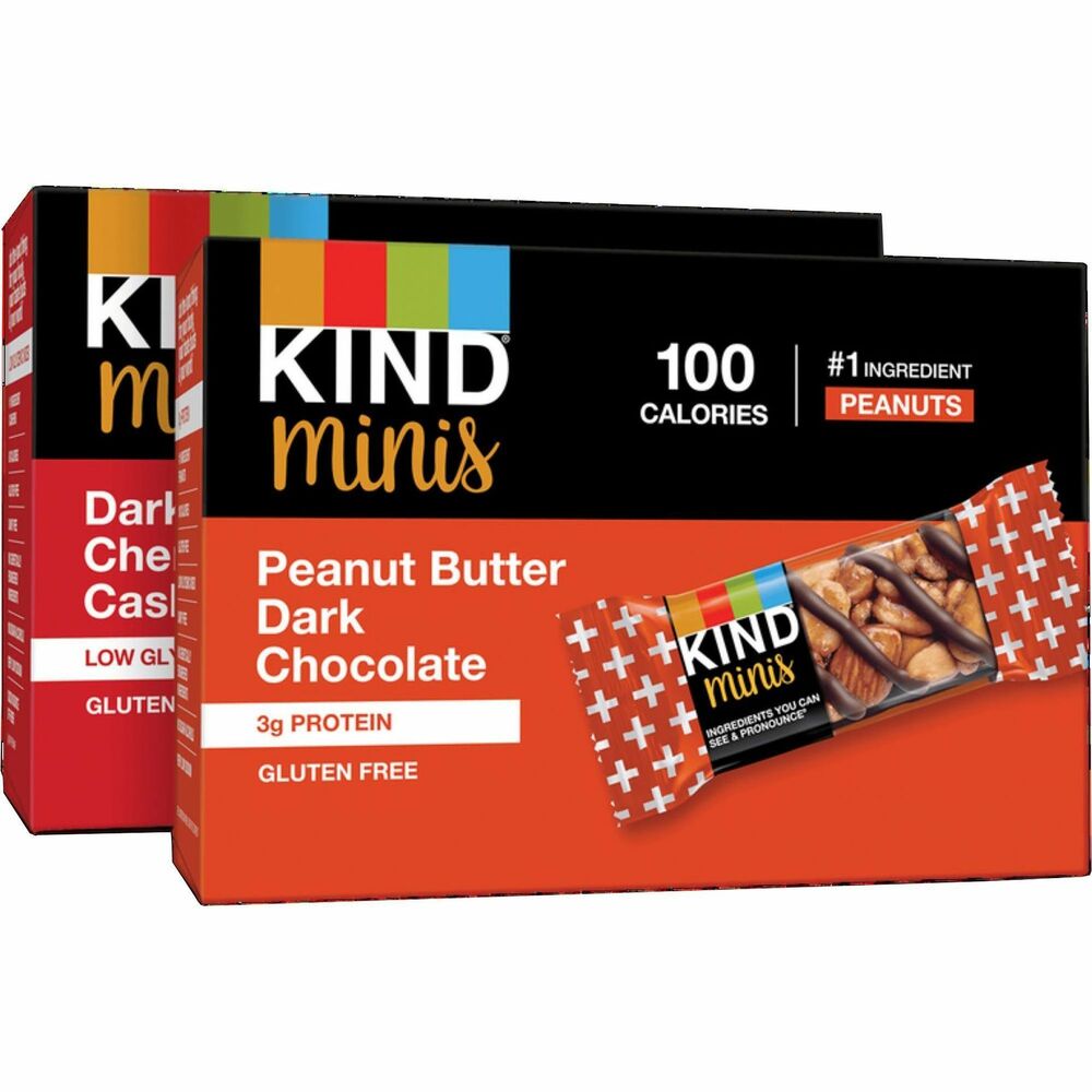 KND43012 - When cravings call, skip the candy jar and reach for these "fun-size" bars with less than 4 grams of sugar and zero trans fat. With real, wholesome ingredients and no artificial sweeteners, this snack is one that you can actually feel good about. It gives you a nutritional boost with whole nuts and fruit so they are a good source of fiber. These bars are gluten-free, Kosher and low sodium. They have a low glycemic index and contain no genetically engineered ingredients. With only 100 calories per bar, Peanut Butter Dark Chocolate Minis are a mix of roasted peanut butter, almonds and dark chocolate that lets you bring a taste of peanut butter wherever you go. Dark Chocolate Cherry Cashew Minis are made with Bing cherries, cashews, almonds and dark chocolate for wherever your day takes you.