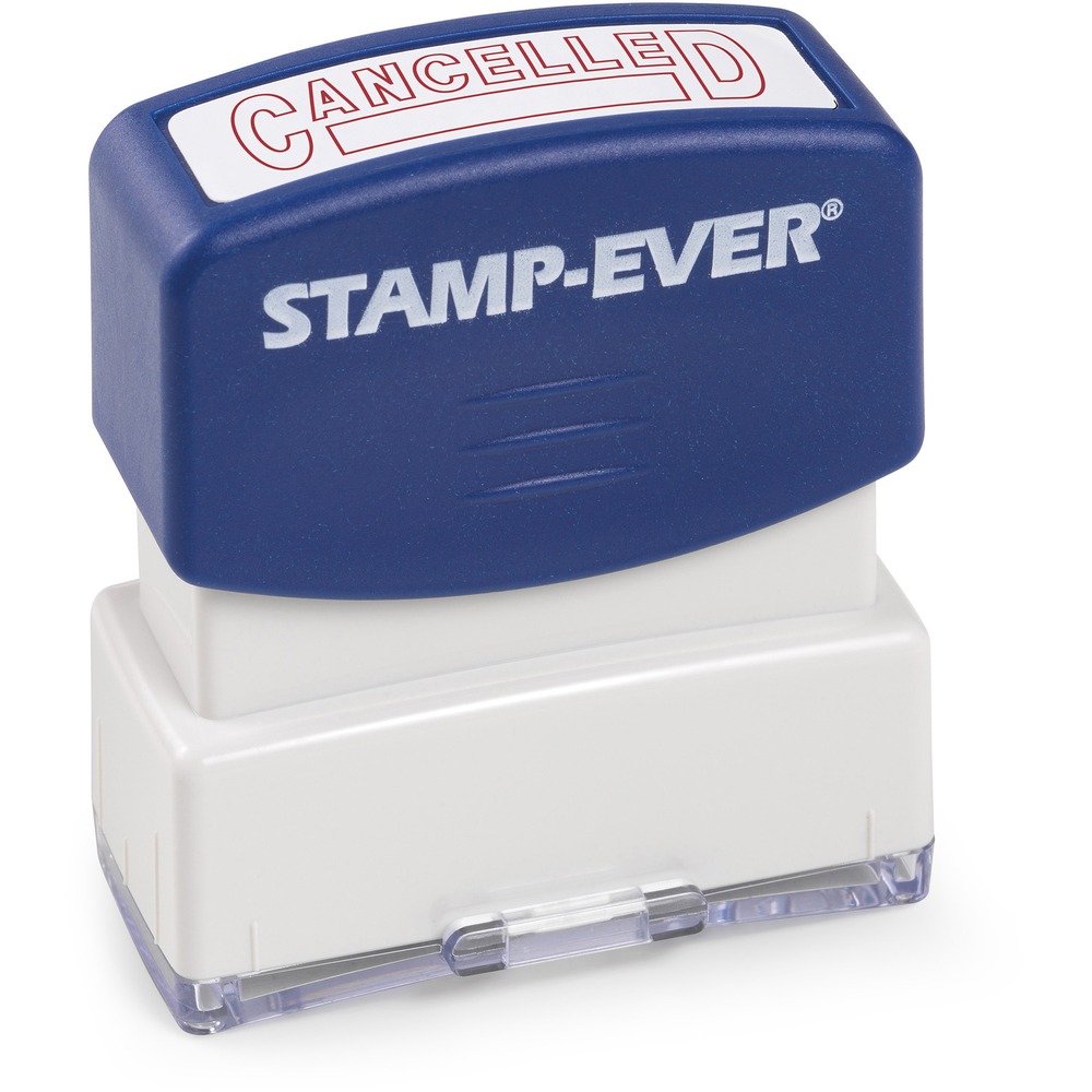 TDT5942 - Pre-inked, one-color stamp imprints the word "CANCELLED" in all red uppercase letters with a box outlined underneath so you can write in a date. It is perfect for stamping all kinds of documents including invoices, receipts, faxes, statements, envelopes and more. Flip cover keeps fingers free of ink. Stamp-Ever Message Stamp offers an impression size of 9/16" x 1-11/16". It lasts for thousands of impressions before re-inking with Stamp-Ever ink.