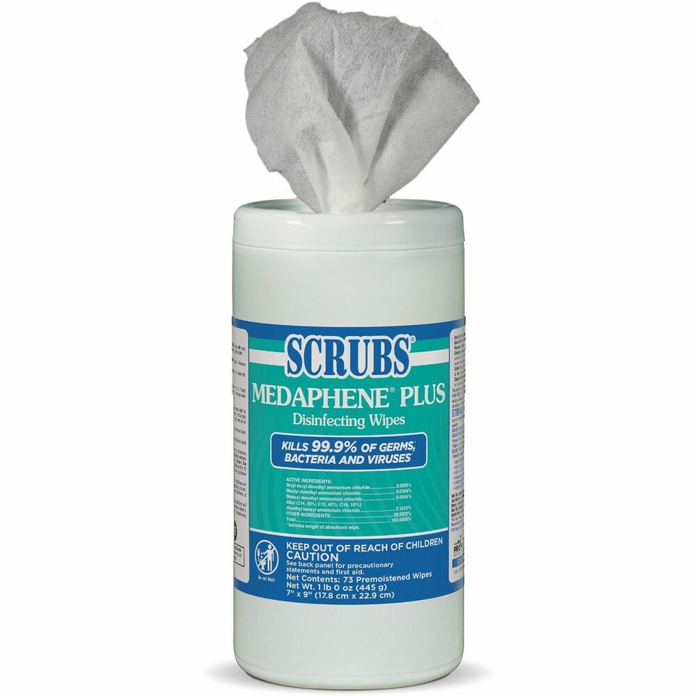 ITW96365 - SCRUBS Medaphene Plus Disinfecting Wipes in a convenient flatpack are an effective, one-step, germ-killing cleaner, disinfectant and deodorizer. These wipes kill similar viruses so they can be used against SARS-CoV-2 on hard, nonporous surfaces when used as directed. Textured surface works quickly to loosen contaminants while the rest of the wipe absorbs them to leave surfaces clean and disinfected. The pre-moistened wipes mean no spraying and no runoff. The grab-and-go, portable, soft pack makes it easy to keep highly touched surfaces clean and disinfected. Wipes are easy to use on toilet seats, phones, light switches, faucet handles, doorknobs, keyboards, desk, chairs, showers and more. They can be used on glazed tile, acrylic, Formica, glazed porcelain, metal, finished woodwork, stainless steel and sealed granite.
