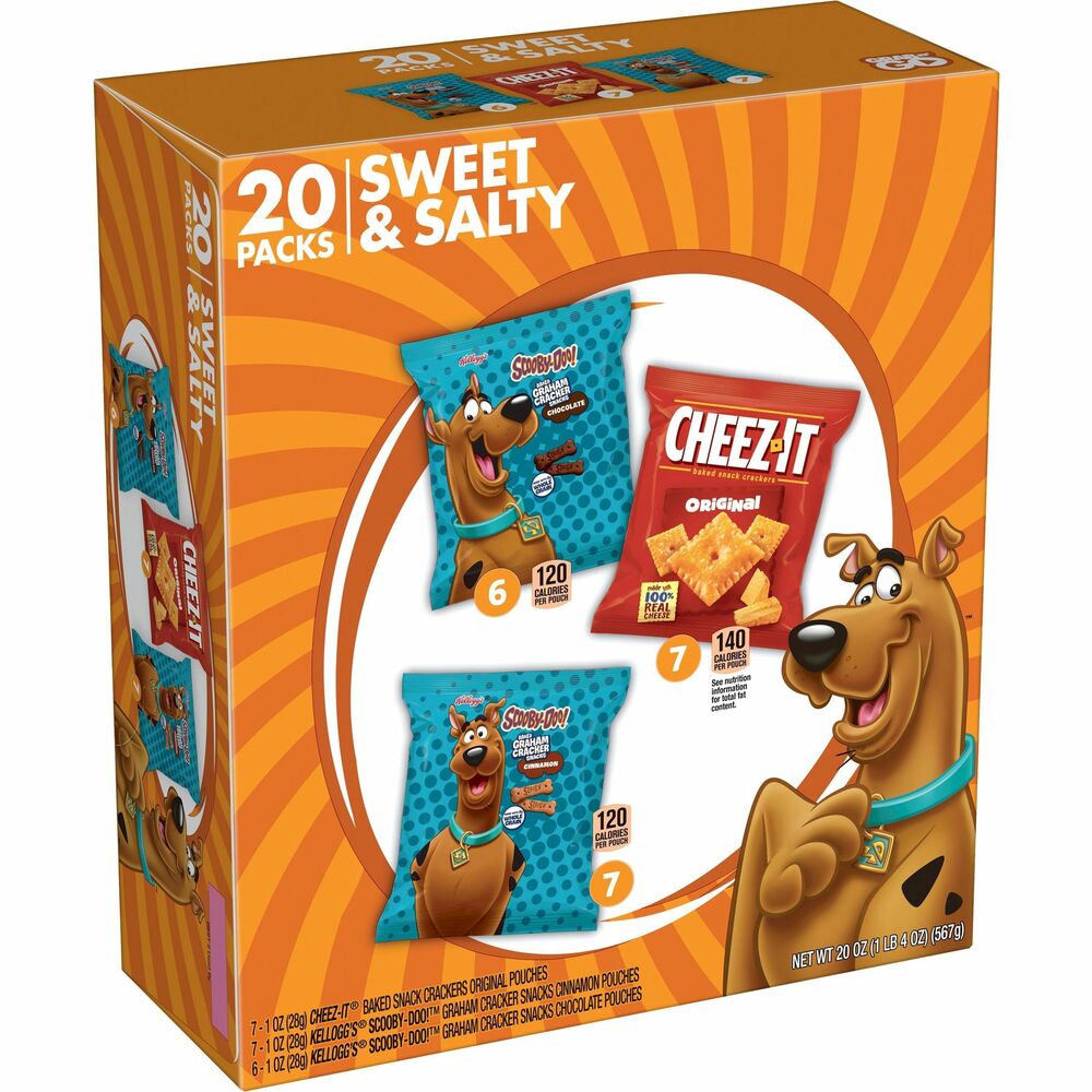 KEB12807 - Satisfy your cravings with this Sweet and Salty Variety Pack. Enjoy Scooby-Doo! Graham Cracker Snacks in cinnamon or chocolate and Cheez-It Original Baked Snack Crackers made with 100 percent real cheese. Individually wrapped pouches let you enjoy your sweet or salty treat in the office or on-the-go.