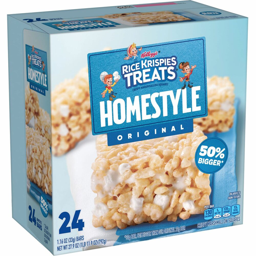 KEB27141 - Discover a new take on a classic with these Rice Krispies Homestyle Original Treats - crispy, marshmallow squares with something extra. Enjoy puffed rice cereal with melted marshmallows plus bits of marshmallow from top to bottom to satisfy your cravings. Bars are 55 percent bigger than the original 22 gram bars for more enjoyment. Individually wrapped bars provide on-the-go convenience to eat almost anywhere.