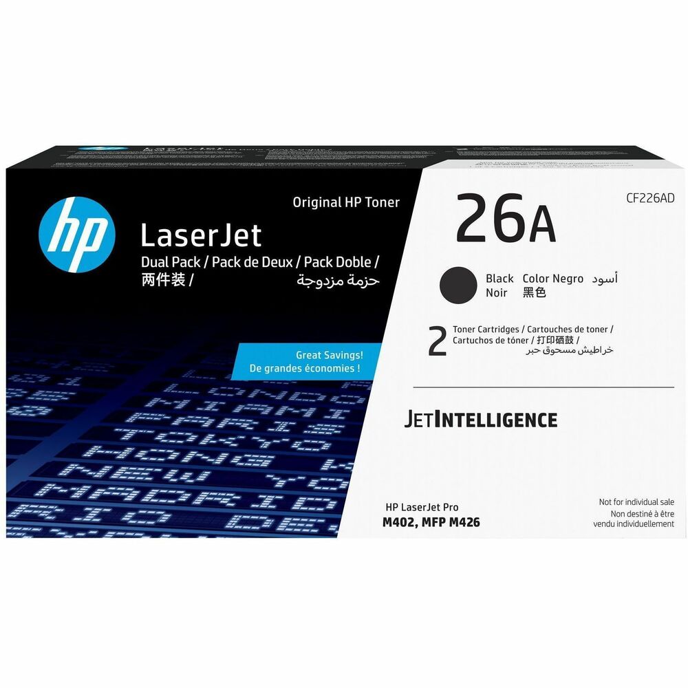 HEWCF226AD - Count on this toner cartridge with JetIntelligence to deliver more pages than ever at fast speeds in your HP LaserJet Pro M402 Series and MFP M426 Series. Intelligently track toner levels with print-gauge technology to help ensure you get the pages you paid for. Anti-fraud technology ensures HP professional quality for producing sharp text, bold blacks and crisp graphics. Quickly replace your cartridge, using auto seal removal and easy-open packaging. Each cartridge yields approximately 3,100 pages.