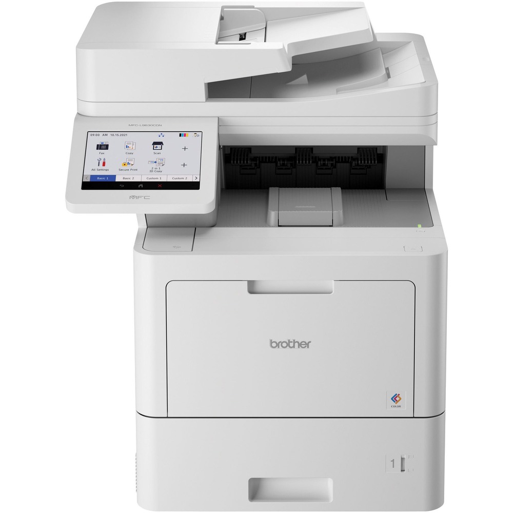 BRTMFCL9630CDN - Enterprise Color Laser All-in-One Printer provides enterprise-level performance, advanced security features and bold color output in a compact footprint that is ideal for mid to large-size offices. Duplex printing, scanning, faxing and copying create two-sided professional documents such as reports and brochures. Printer helps increase productivity with fast print and copy speeds up to 42 ppm and scan speeds up to 104 ipm. Maximum print resolution is 2400 x 600 dpi. Fax memory stores a maximum 500 pages for convenience. Printer features a 100-page automatic document feeder (ADF), 520-sheet input tray and 100-sheet multipurpose tray. Included Brother Genuine Toner Cartridges produce up to 9,000 pages in black and 6,500 pages in color for the perfect setup. Triple-layer security helps safeguard your network, protect documents and secure devices. Connect using Gigabit Ethernet and navigate options with the 7" color touch screen. More from the Manufacturer