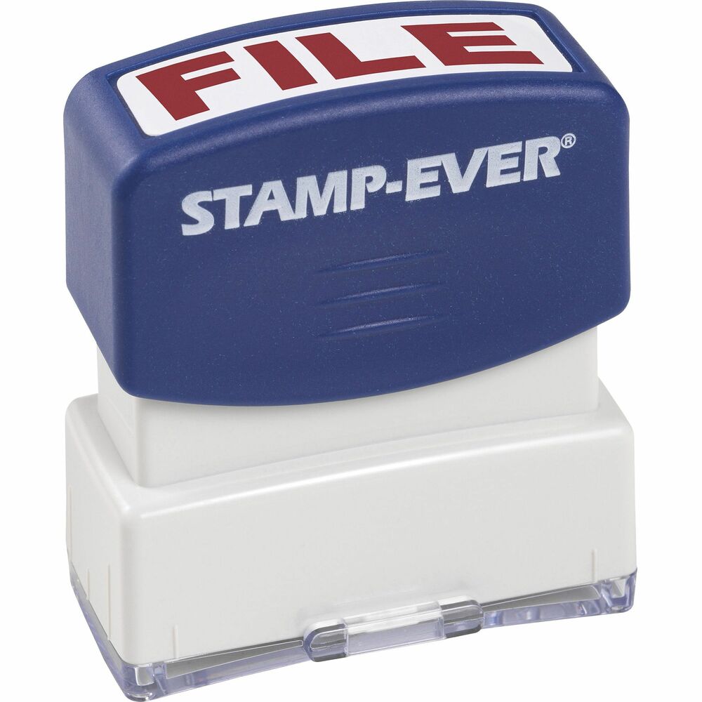 TDT5953 - Pre-inked, one-color stamp imprints the word FILE in all red uppercase letters. It is perfect for stamping all kinds of documents including invoices, receipts, faxes, statements, envelopes and more. Flip cover keeps fingers free of ink. Stamp-Ever Message Stamp offers an impression size of 9/16" x 1-11/16". It lasts for thousands of impressions before re-inking with Stamp-Ever ink.