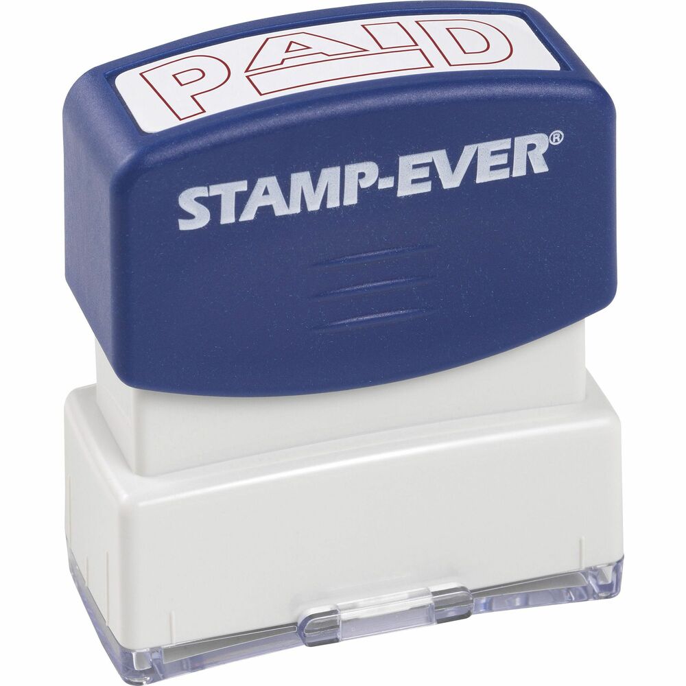 TDT5959 - Pre-inked, one-color stamp imprints the word PAID in all red uppercase letters with a box outlined underneath so you can write in a date. It is perfect for stamping all kinds of documents including invoices, receipts, faxes, statements, envelopes and more. Flip cover keeps fingers free of ink. Stamp-Ever Message Stamp offers an impression size of 9/16" x 1-11/16". It lasts for thousands of impressions before re-inking with Stamp-Ever ink.