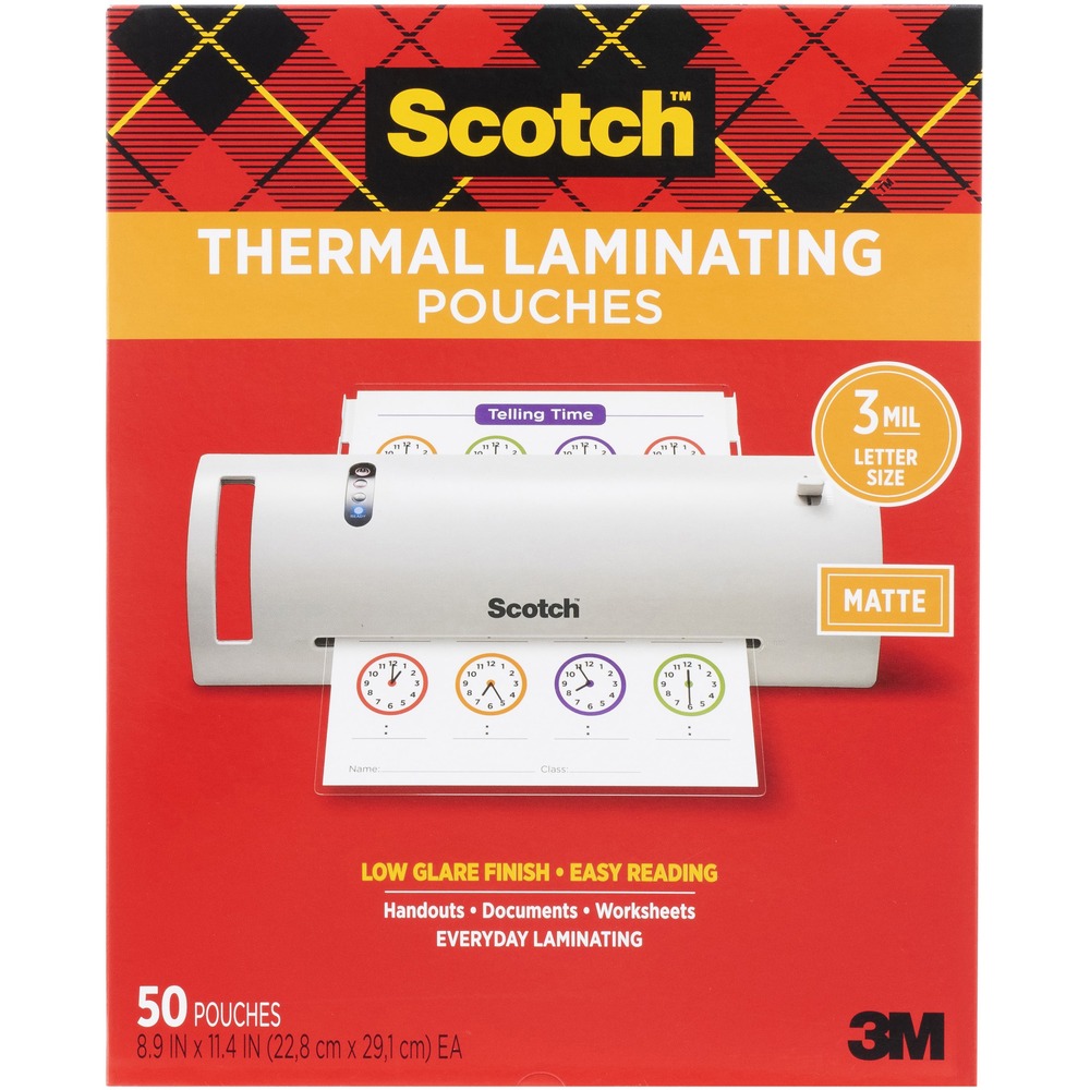 MMMTP385450M - Laminating pouches are designed for use with the 3M Scotch Thermal Laminator or any standard, thermal-pouch laminator. Matte, low-glare finish allows easy reading. Pouches provide instant, two-sided protection for frequently handled or referred to items. Preserve and protect documents, awards, signs, calendars, certificates, children's artwork, schedules and more.