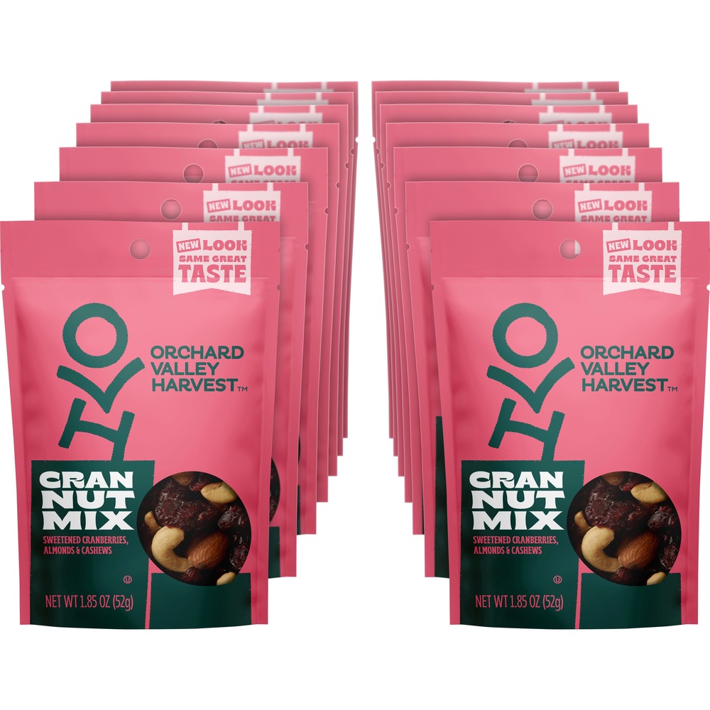 JBSV13446 - When you enjoy Orchard Valley Harvest trail mix snacks, you never have to worry about artificial ingredients or genetically modified organisms (GMOs) because every pack is Non-GMO Project verified. Simply appreciate the pure, wholesome goodness with every satisfying crunch. Cran Nut Mix contains sweetened cranberries (dried), almonds and cashews for a sweet and salty combination made with simple ingredients. Mix is gluten-free and made with real fruit. Delicious mix provides 6 grams of plant-based protein per serving with no artificial ingredients, colors, flavors or preservatives. Delightful snack comes in resealable, individual bags so you can eat it on-the-go or in breakrooms/snacking stations. Shelf-ready display tray keeps the packs organized and presentable.