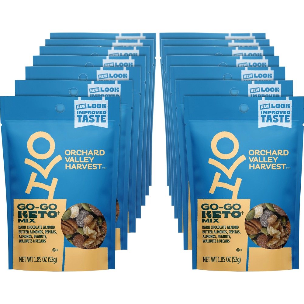 JBSV14045 - When you enjoy Orchard Valley Harvest trail mix snacks, you never have to worry about artificial ingredients or genetically modified organisms (GMOs) because every pack is Non-GMO Project verified. Simply appreciate the pure, wholesome goodness with every satisfying crunch. Go-Go Keto Mix contains walnuts, almonds, peanuts, dark chocolate butter almonds, dried blueberries and pepitas. Diet-friendly mix delivers a craveable, salty-sweet flavor and a crunchy/chewy texture. Mix is grain-free, gluten-free and made with real fruit. Delicious mix provides 7 grams of plant-based protein per serving with no artificial colors, flavors or preservatives. Delightful snack comes in resealable, individual bags so you can eat it on-the-go or in breakrooms/snacking stations. Shelf-ready display tray keeps the packs organized and presentable.
