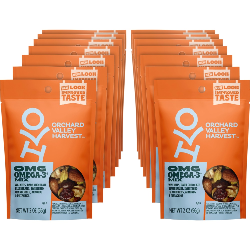 JBSV14046 - When you enjoy Orchard Valley Harvest trail mix snacks, you never have to worry about artificial ingredients or genetically modified organisms (GMOs) because every pack is Non-GMO Project verified. Simply appreciate the pure, wholesome goodness with every satisfying crunch. OMG Omega-3 Mix contains walnuts, dark chocolate blueberries, sweetened cranberries (dried), pistachios and almonds. Diet-friendly mix delivers a boost in Omega 3 and 6 grams of plant-based protein to fulfill a snack-time need. Mix is gluten-free and made with real fruit. Delicious mix does not include artificial colors, flavors or preservatives. Delightful snack comes in resealable, individual bag so you can eat it on-the-go or in breakrooms/snacking stations. Shelf-ready display tray keeps the packs organized and presentable.