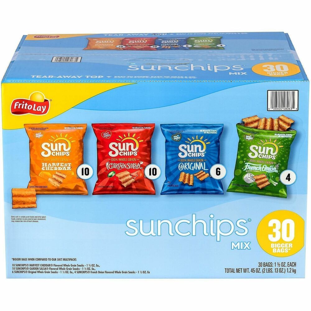 GRR29500009 - Looking for a crisp, flavorful snack with variety This 30-count Sunchips Mix Box has you covered with Harvest Cheddar, Original and French Onion. Perfect for the employee breakroom, stocking the pantry or packing with lunch, this mix offers a tasty change of pace from regular chips.   