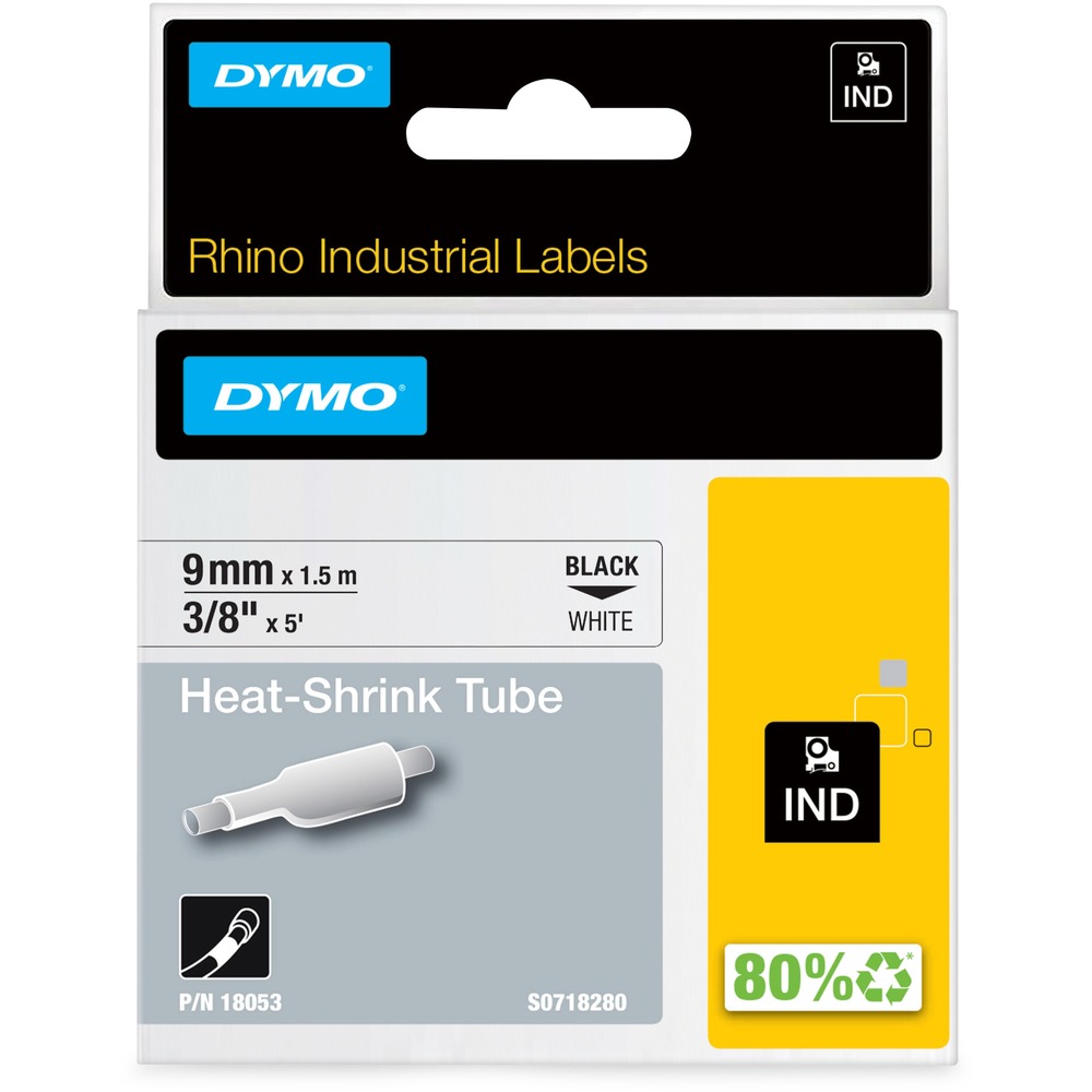 DYM18053 - White heat shrink tube offers a premium method of labeling wires and cables. Simply slide the tube onto the cable and shrink snugly to the cable using a heat gun. Labels will never fall off. The cassette fits into all Dymo Rhino printers including 6500, 6000, 5200, 5000, 4200, 3000 and 1000. Industrial-grade polyolefin offers a 3:1 heat shrink ratio and the convenience of printing directly on the 3/8" (9mm) tubing itself, eliminating the need for an extra labeling step. More from the Manufacturer