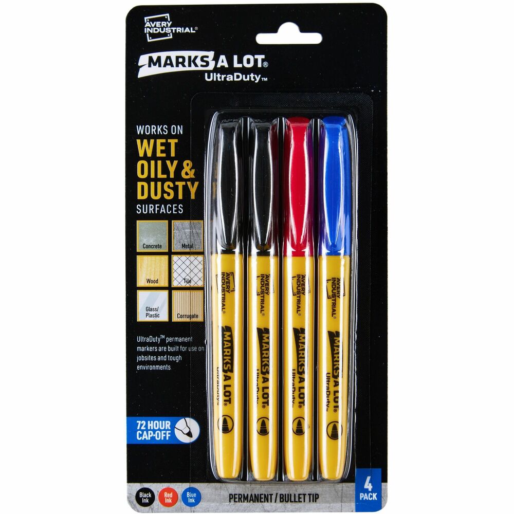 Avery UltraDuty Markers, Bullet Tip, 4 Assorted Markers (29848) - 1 mm Bold Bullet Marker Point - Black, Red, Blue Ink - Polyester Tip - 4 / Pack