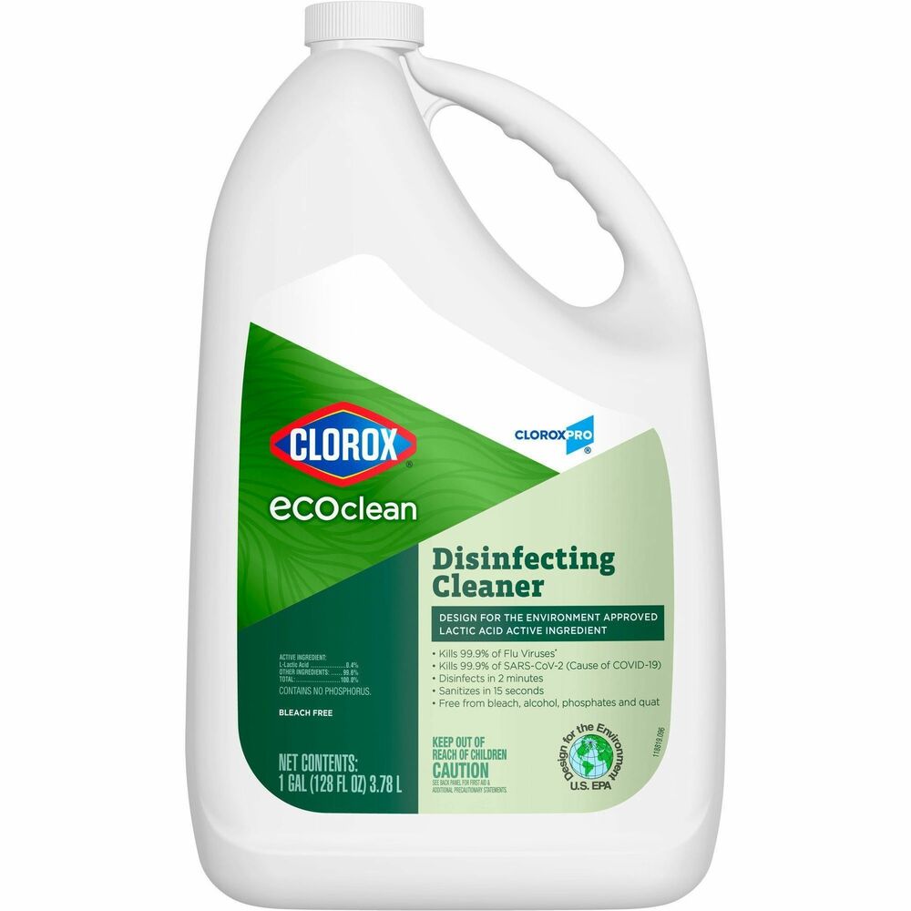 CLO60094 - Clean with confidence thanks to Clorox EcoClean Disinfecting Cleaner. Get the cleaning power of Clorox you expect with a design for the environment-certified, lactic acid active ingredient. This Clorox disinfecting cleaner kills 99.9 percent of flu viruses, including Human Coronavirus, Influenza A Virus and Respiratory Syncytial Virus, and disinfects and sanitizes using eco-conscious, Design for the Environment certified ingredients when used as directed. It kills SARS-CoV-2, the virus that causes COVID-19, in 30 seconds on hard, nonporous surfaces and is formulated without bleach, alcohol, phosphates, quats and dyes, leaving a clean, fresh scent. Clorox EcoClean Disinfecting Cleaner is great for everyday use - no gloves or mixing required. The product is suitable for use in commercial spaces including airports, colleges, dorms, fitness centers, hotels, long-term care facilities, offices, restrooms and waiting rooms.