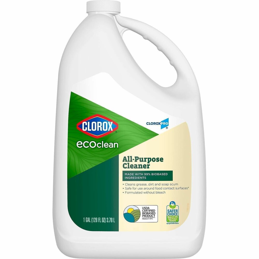 CLO60278 - EcoClean All-Purpose Cleaner Refill takes an eco-conscious approach to cleaning. It cleans grime, dirt, soils and messes and is safe to use on multiple surfaces throughout the kitchen and bathroom including counters, stainless steel, sealed granite, chrome, cooktop hoods, sinks and toilets. USDA certified, biobased cleaner meets U.S. EPA's Safer Choice Product standards and is made with 99 percent biobased cleaning ingredients. All-purpose refill is formulated without parabens, dyes, phthalates, petroleum solvents and SLES. Formula is great for commercial use in schools, offices, hospitals, veterinary clinics, athletic facilities, airports and more. It effectively cleans without harsh chemical odors, fumes or residue and is safe to use around food-contact surfaces. Refill is compatible with CloroxPro EcoClean All-Purpose Cleaner Spray in a 32 oz. bottle (not included).