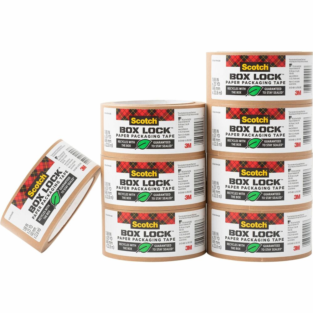 MMM7850238GC - A more sustainable alternative to plastic packaging tape, Scotch Box Lock Paper Packaging Tape is made with 45 percent bio-based material and is curbside recyclable. It is guaranteed to stay sealed, but you can still tear it by hand. Extreme grip ensures boxes stay securely sealed, even during rough handling. Solvent-free adhesive creates a secure seal over box edges better than other leading premium packaging tapes and sticks better on cardboard too. It is designed to be thicker than many competitive tapes, which reduces splitting and tearing and makes it easier to find the start of the roll. This tape can be used on any type of box, including harder-to-stick to 100 percent recycled boxes.