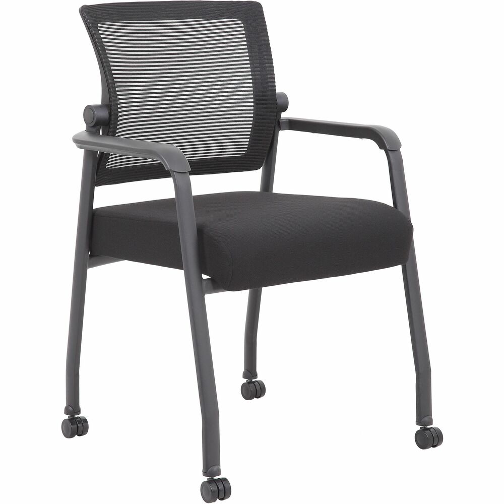 BOPB6889RBK - Linear Mesh Guest Chair is the perfect addition to any training room, conference room or private office environment. It features a fixed height; fixed arms; fabric-upholstered seat; and breathable, airy, mesh back. Unique pivot function on the back maximizes your comfort and support. Tubular steel frame with hooded, double-wheel casters allows smooth movement across many flooring surfaces. Black chair adds a modern, professional appearance to any space. It holds up to 275 lb.
