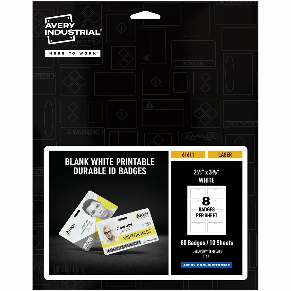 AVE61611 - Create durable ID cards engineered to work in heavy-duty environments using these Industrial Wide ID Badges with clip holes. They're ideal for use in manufacturing plants and other industrial sites as well as commercial and public facilities. Quickly and easily design online for free with pre-designed, name tag templates, ID badge templates and more. Modify with your own text, colors, logos and images as needed. Use your laser printer to print your own custom ID cards on both sides for safety certification/licenses, security badges, name tags, ID badges and more. Card are also handwritable with ballpoint pens and permanent markers. ID cards come in printable polyester sheets that break apart into credit-card size cards with rounded corners. Durable clip hole for lanyard or bulldog clip resists up to 35 lb. of pull force. ID cards require no lamination. The 11 mil polyester is waterproof and resists tearing, chemicals and UV. More from the Manufacturer