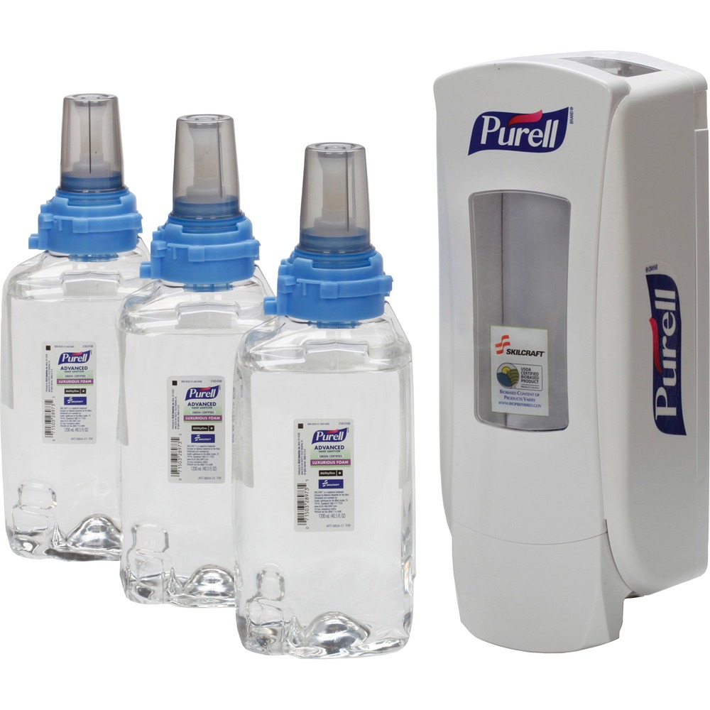 NSN7027810 - With ingredients made from natural renewable resources, this PURELL Advanced Green Certified Hand Sanitizer Kit kills more than 99.99 percent of most common germs. Starter kit contains an ADX-12 manual dispenser and three Advanced Green Certified Instant Hand Sanitizer refill cartridges (1200 mL each). Hand sanitizer is a USDA Certified Biobased Product and meets the EcoLogo standard for environmental leadership and proven performance. Scientifically formulated, patent-pending formulation includes a nourishing blend of skin conditioners clinically proven to help maintain skin health.