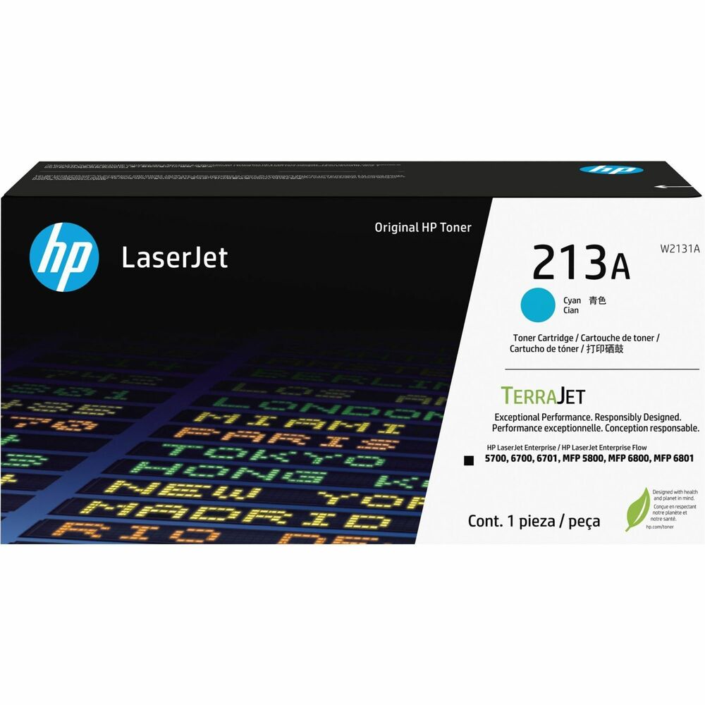 HEWW2131A - HP 213A Original TerraJet Toner Cartridge offers TerraJet technology for a lower carbon footprint, efficient toner use for less waste and outstanding quality printing with built-in security. Highly efficient, toner particle design with protective shell and low-melt formula delivers more true-to-life colors and sharper details in your HP Color LaserJet Enterprise printer (5700dn, 6700dn, 6701dn; MFP 6800dn, 5800dn, 5800f; Flow MFP 5800zf, 6800zfw+, 6800zf and 6800zfsw). Innovative, toner particle design works efficiently so you get more pages per cartridge size. Print consistent color over the life of the cartridge with less time calibrating while enjoying consistent performance from the first page to the last. Genuine HP cartridge is made with tamper-resistant, HP proprietary firmware and secure cartridge chips as well as tamper-evident packaging and security labels for safe tracking. Cartridge yields approximately 3,000 pages.