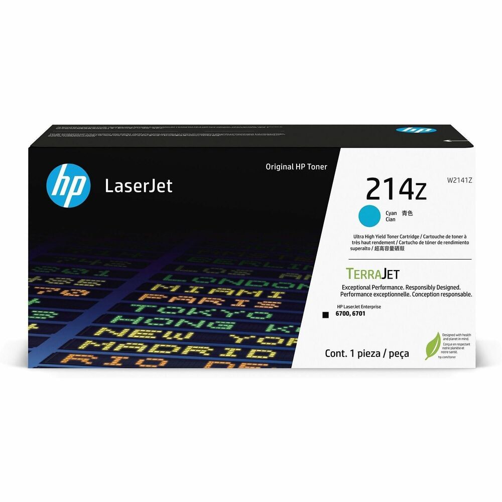 HEWW2141Z - HP 214Z Ultra High Yield Original TerraJet Toner Cartridge offers TerraJet technology for a lower carbon footprint, efficient toner use for less waste and outstanding quality printing with built-in security. Highly efficient, toner particle design with protective shell and low-melt formula delivers more true-to-life colors and sharper details in your HP Color LaserJet Enterprise 6700dn and 6701dn Printers. Innovative, toner particle design works efficiently so you get more pages per cartridge size. Print consistent color over the life of the cartridge with less time calibrating while enjoying consistent performance from the first page to the last. Genuine HP cartridge is made with tamper-resistant, HP proprietary firmware and secure cartridge chips as well as tamper-evident packaging and security labels for safe tracking. Cartridge yields approximately 28,000 pages.