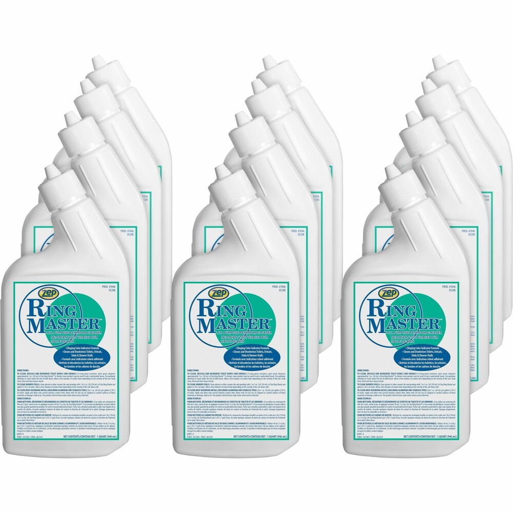 ZPE184611 - Ring Master All-Purpose Bathroom Cleaner removes rust, scum, hard water deposit and stains from porcelain, ceramic, chrome and stainless steel bathroom surfaces. Cleaner contains a blend of mineral acids, emulsifiers, detergents, corrosion inhibitors, perfume and color indicator. Clean your toilet bowls, urinals, shower stalls, ceramic tile and most metal surfaces. Formula fights odor-causing bacteria and provides a sanitary environment on cleaned surfaces, leaving behind a pleasant, refreshing fragrance. Clinging liquid ensures complete coverage of vertical surfaces. Color changes from lime green to bright blue when rinsed or diluted with water. Formula doesn't contain strong acid fumes and won't harm septic tanks when used as directed.
