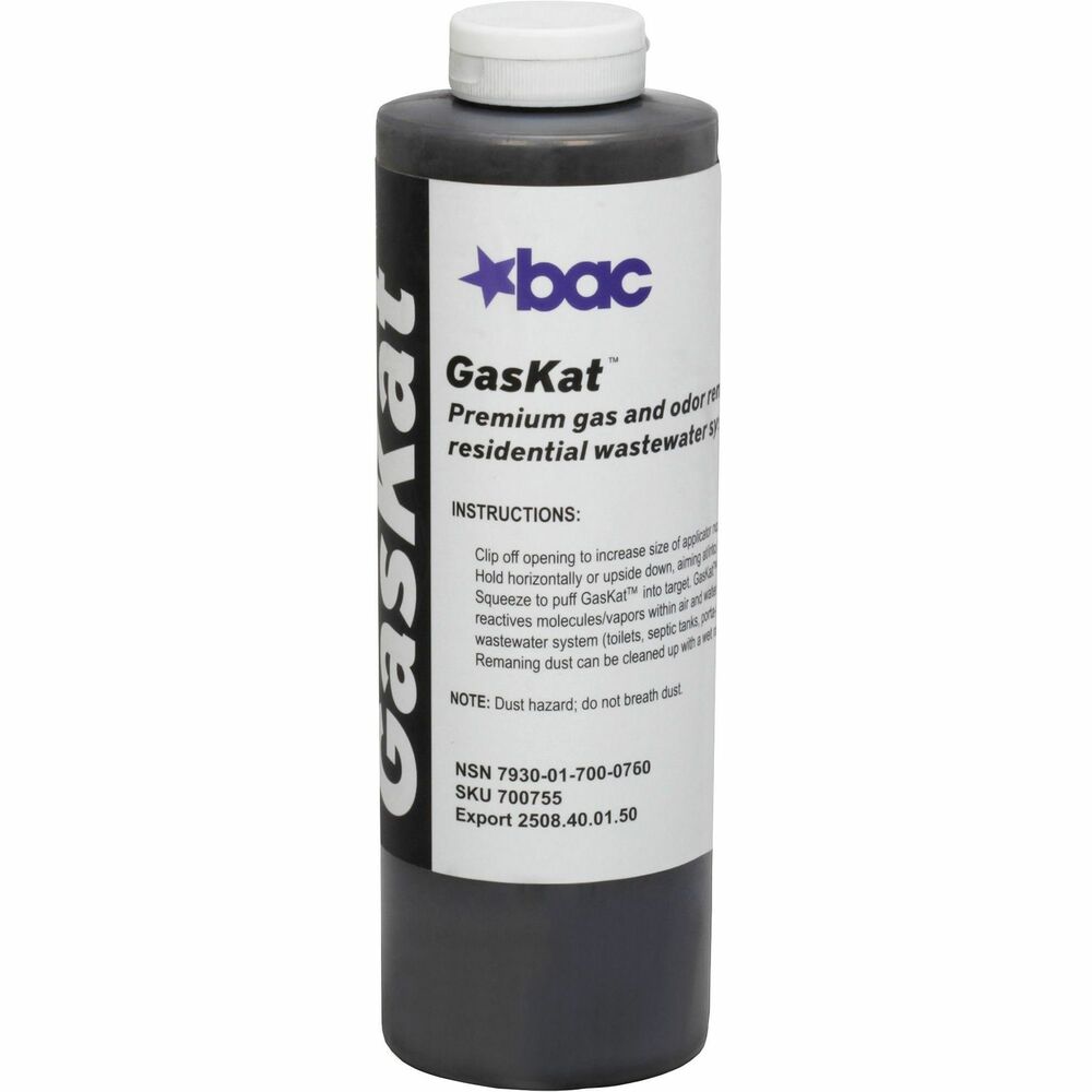 NSN7000760 - GasKat Odor and Toxic Gases Remover treatment provides instant removal of foul, noxious, odors by scavenging toxic, corrosive, flammable sewer gases and vapors. It comes in a plastic squeeze bottle so you can simply squeeze the container to release the powder into toilet and latrine wells, basins and drains. It immediately scavenges and removes odors. GasKat is not a fragrance to mask odors. It is simple and easy to use. Odor/toxic gas remover is safe for skin and eyes. It won't harm flora or fauna. It requires no preparation or additives needed.