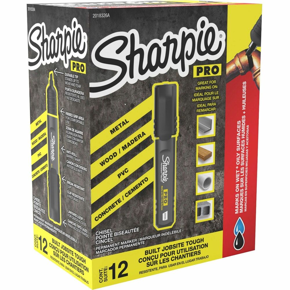 SAN2018326A - With permanent ink designed to mark on wet and oily surfaces, Sharpie PRO Permanent Markers are built jobsite-tough. These permanent markers with a chisel tip better fit the needs of tradesmen with features like an anti-roll barrel shape, cap clip, lanyard loop and more. They mark on wet and oily surfaces, including metal, wood, PVC and concrete. Versatile tip makes broad, medium and fine strokes.