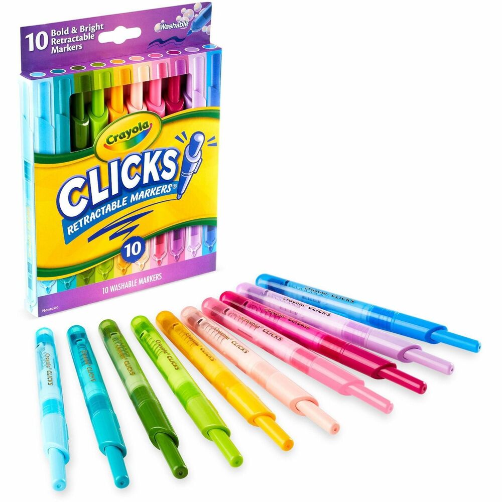 CYO588373 - With Clicks Retractable Markers, each marker tip stays fresh inside the marker barrel so no more lost caps or dried-out markers. Special ink is designed to resist drying out. Conical tips make it possible to create thick and thin lines while the easy-click design makes them ideal for coloring on-the-go. Prepare for school projects, crafts and homework assignments with vibrant colors that wash from skin as well as most washable clothing. This set comes with 10 bold, bright colors that are ideal for a variety of creative projects.