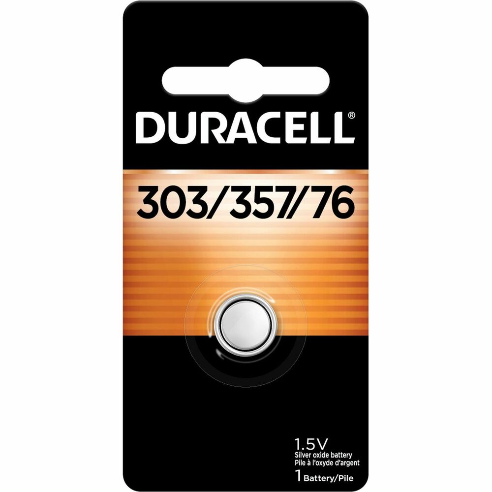 DURDL303357 - Silver Oxide Button Battery delivers long-lasting, dependable power. With Duralock Power Preserve Technology, it stays powered for three years in storage. The Duralock guarantee gives you the comfort of knowing that the Duracell batteries sitting in your drawer will still work when they are needed most. Best uses for this 1.5-volt battery include medical devices, watches, toys and calculators. Battery is equivalent to SR44, SR44W, EPX76, SR44SW, 303, 357, D303/357, V303, V357 and SR1154. It contains no mercury.
