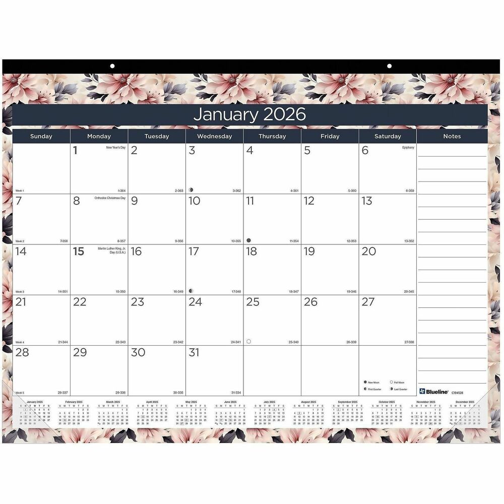 Blueline Abstract Floral Monthly Desk Pad - Monthly - 12 Month - January 2026 to December 2026 - 1 Month Single Page Layout - 17" x 22" Sheet Size - Desk Pad - Abstract Floral, Clear - Chipboard, Vinyl - 1 Each