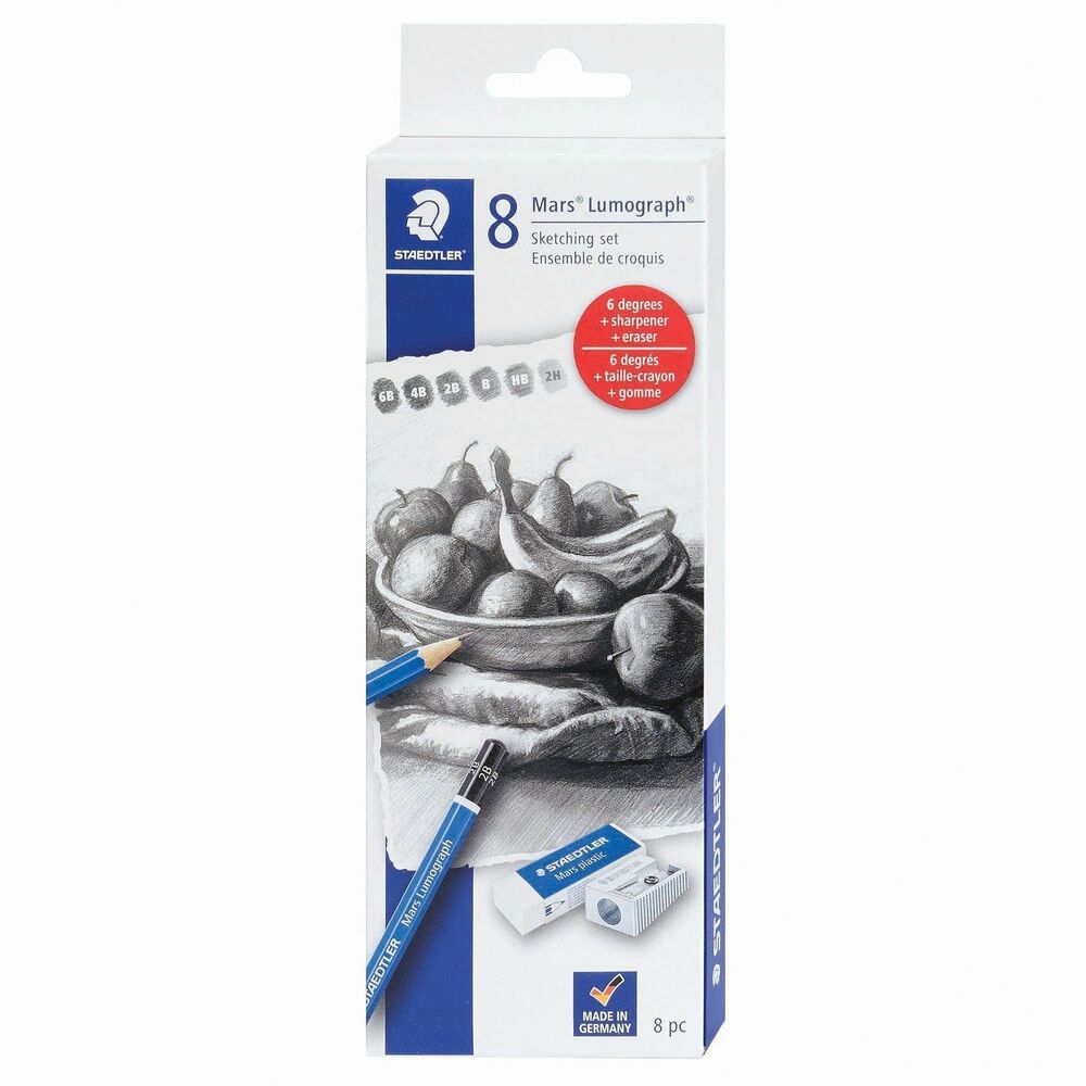 STD61100C8LU - Mars Lumograph Graphite Pencil Set includes pencils that are formulated with a special, super-bonded lead for highly break-resistant experience when drawing. Set contains 6B, 4B, B, HB and 2H pencils. Use the metal sharpener to keep your pencils pointy to create clean, sharp lines. Included art eraser keeps your artwork looking crisp by erasing any smudges.