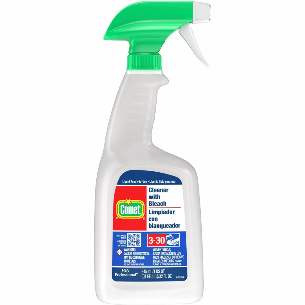 PGC02287 - Comet Cleaner bleaches many tough stains and cuts tough grease. Surfactant Bleach formula has two short-chain surfactants that act like solvents to cut through grease and other soils. Its liquid chlorine bleach ingredient provides a wealth of well-known bleach benefits, including fighting mold and mildew buildup. It contains patented cleaning technologies that clean the full range of tough kitchen and restroom soils, but no abrasives. In the kitchen, it helps remove tough soils like grease on range hoods and bleaches food stains on countertops, tables and cutting boards. Cleaner comes in a handy screw-top bottle that will accommodate a spray trigger (not included).Rebate: Up To 50% Savings on P&G Pro Case View Rebate Details