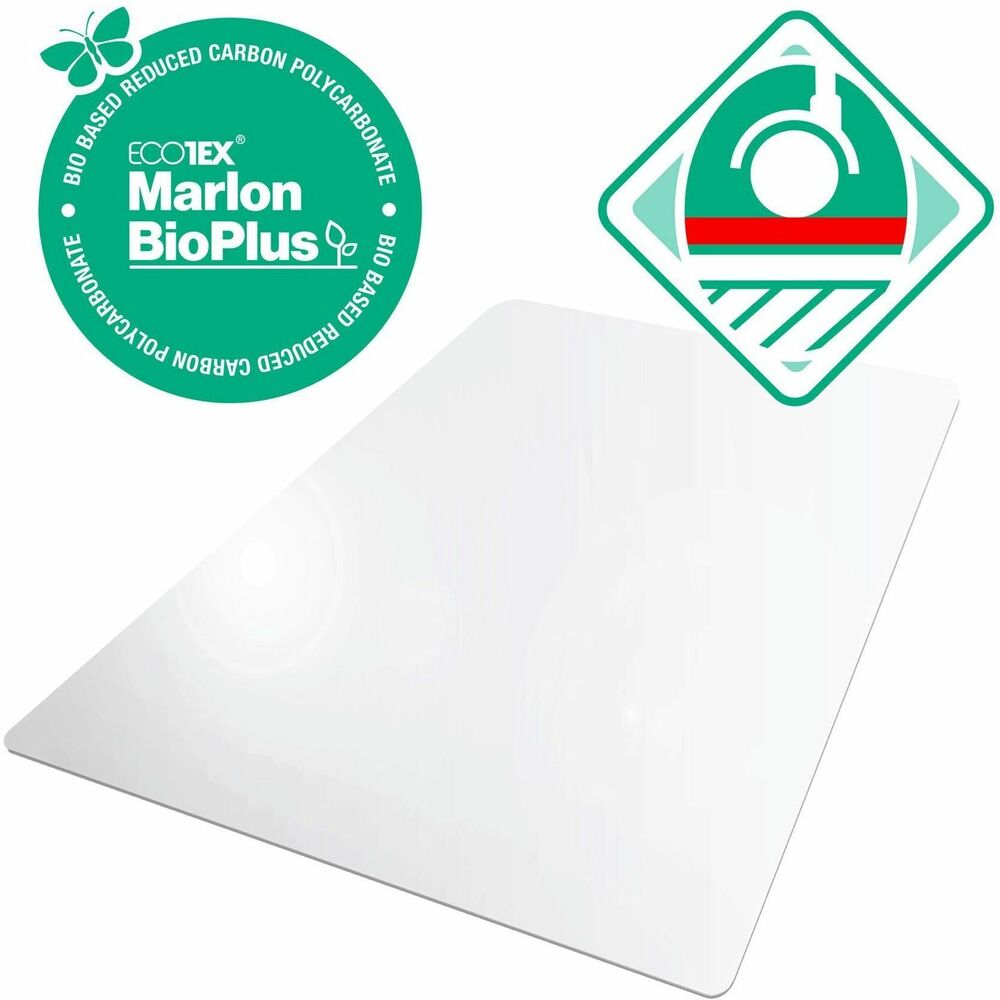 FLRNCCMFLBS0002 - Ecotex Marlon BioPlus Polycarbonate Chairmat provides the ultimate quality, function and durability combined with eco-friendly, nonfossil-based material. It is produced using a Mass Balancing bio-circular process for a reduced impact on the environment. Both the resin and chairmat are manufactured as ISCC (International Sustainability and Carbon Certification). With twice the impact strength of PVC, the perfectly flat and rigid material provides an ergonomic, easy-glide surface for casters on chairs, helping reduce leg fatigue and lower back strain. Chairmat is intended for use on hard floors and is guaranteed not to crack, curl, discolor or smell. It is free of phthalates, PVC and toxic chemicals and is an ideal choice for people with allergies.