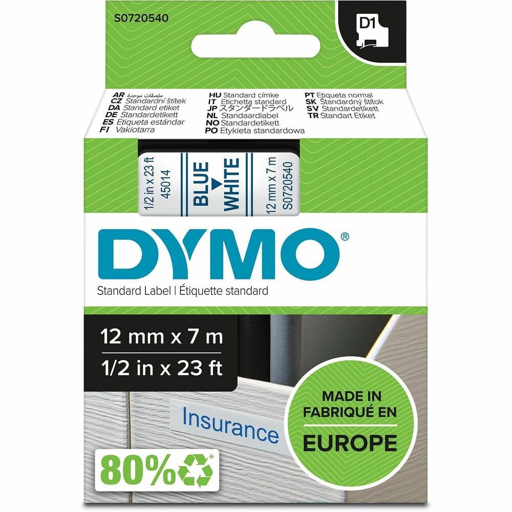 DYMS0720540 - Created specifically for your LabelManager and LabelWriter Duo labelmakers, D1 labels offer the performance and variety you need for most labeling jobs. They adhere to most clean, flat surfaces, including plastic, metal and glass. Easy-peel backing means fast, trouble-free application. Versatile, durable D1 labels take the hassle out of home and office organization. Labeling tape is 1/2" wide x 23' long with blue print on white tape.