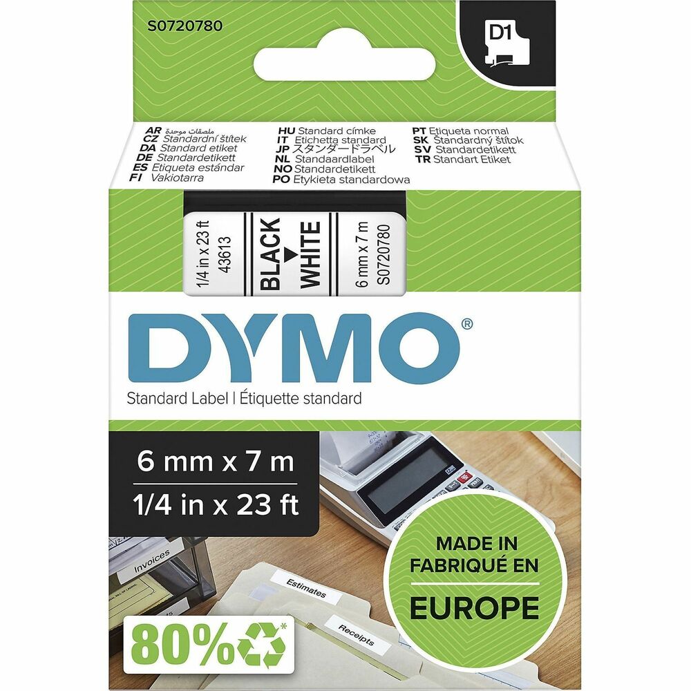 DYMS0720780 - Created specifically for your LabelManager and LabelWriter Duo labelmakers, D1 labels offer the performance and variety you need for most labeling jobs. They adhere to most clean, flat surfaces, including plastic, metal and glass. Easy-peel backing means fast, trouble-free application. Versatile, durable D1 labels take the hassle out of home and office organization. Labeling tape is 1/4" wide x 23' long with black print on white tape.