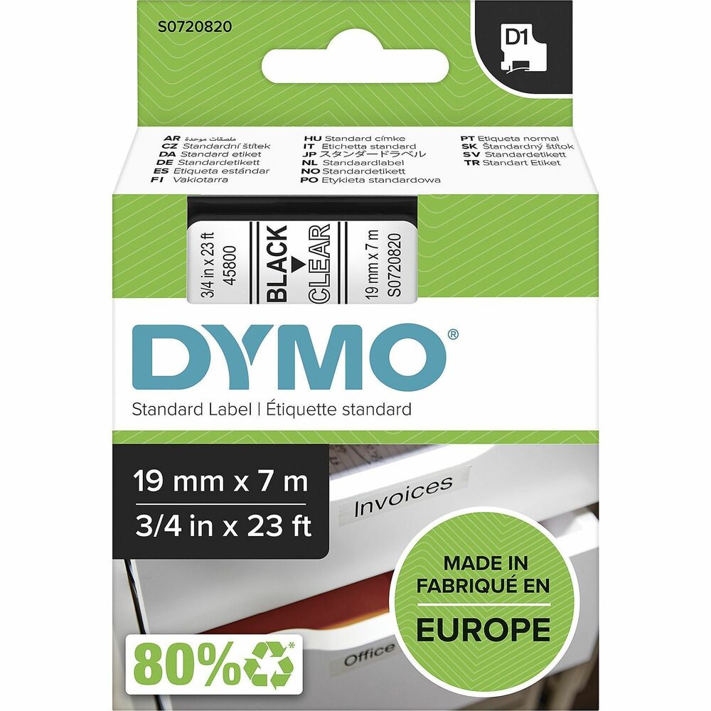 DYMS0720820 - Created specifically for your LabelManager and LabelWriter Duo labelmakers, D1 labels offer the performance and variety you need for most labeling jobs. They adhere to most clean, flat surfaces, including plastic, metal and glass. Easy-peel backing means fast, trouble-free application. Versatile, durable D1 labels take the hassle out of home and office organization. Labeling tape is 3/4" wide x 23' long with black print on clear tape.