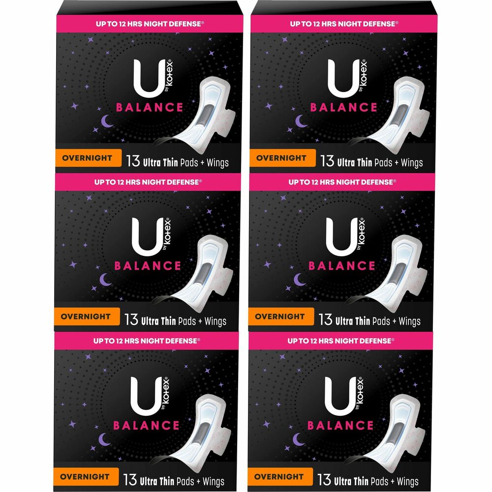 KCC54912CT - Give yourself a period pad designed for all-night protection with these Balance Ultra Thin Overnight Pads with Wings. Each overnight pad has a 60 percent larger back for extra protection in any position. These sanitary pads feature U by Kotex's CushionCore that not only absorbs instantly for up to 100 percent leak-free protection but is also infused with 100 percent plant-based charcoal to help stop odor. Unscented pads are dermatologist-tested, contain no harsh ingredients and are made without pesticides, fragrances, lotions, natural rubber latex and elemental chlorine. They offer up to 12 hours of overnight protection so you can focus on getting a good night's rest. Design fits and flexes with your body to deliver outstanding skin comfort. Wings secure the pad in place throughout the night. Feminine pads are individually wrapped in vibrant colors and patterns so you can take them wherever you go.