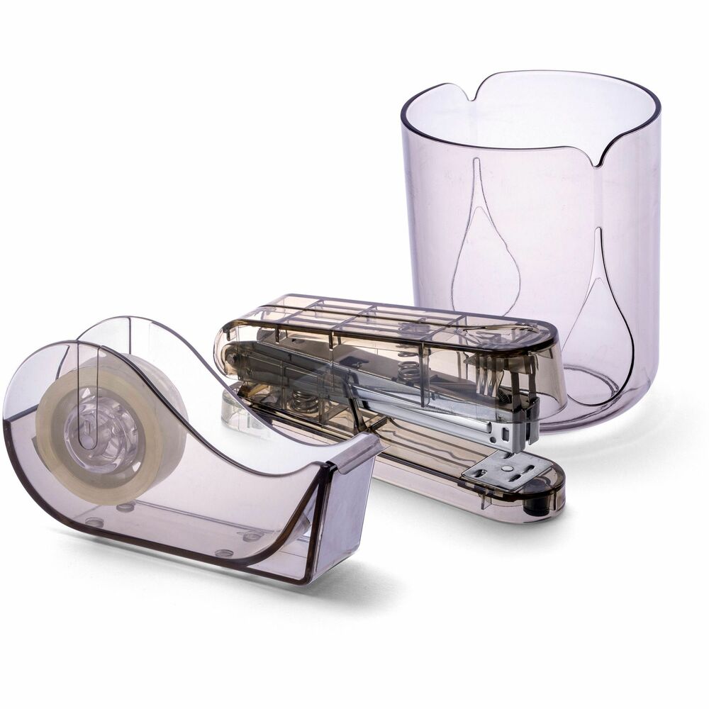 OIC97712 - 3-Piece Desktop Organizer Set features the perfect set of desktop essentials to organize and tidy your work space. Set includes a pencil cup, stapler, tape dispenser and roll of tape for optimal organization. Organizer set is made from eco-friendly, recycled plastic bottles to help reduce environmental impact. Durable, sturdy material guarantees long-lasting, reliable strength. Translucent design elevates your home, school or office with a modern, stylish look. More from the Manufacturer